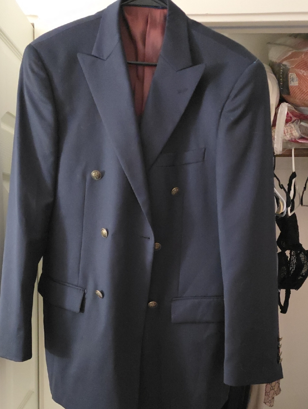 Paul Fredrick Navy Double-Breasted Sport Coat with Gold Buttons 100% Wool Lined